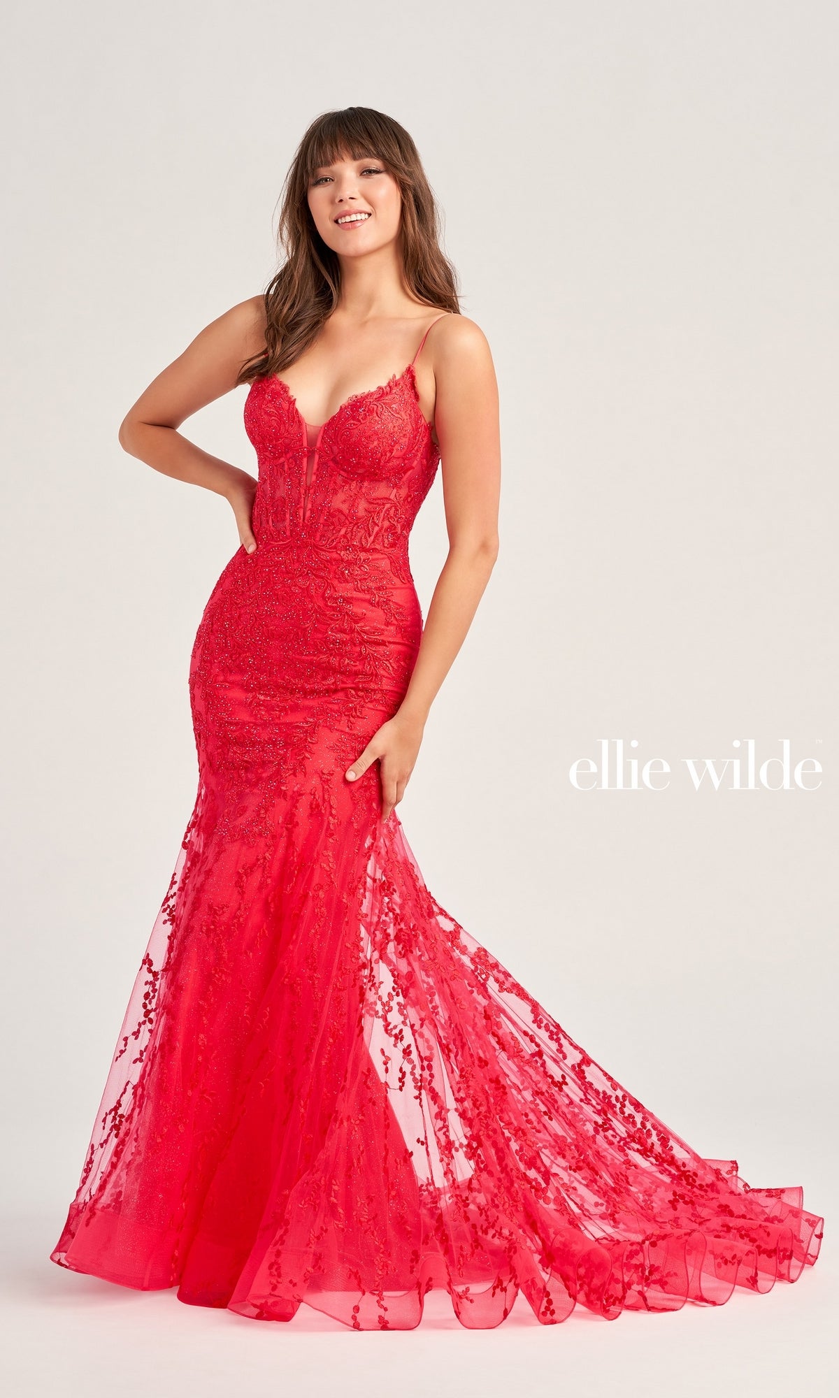 Ellie Wilde Beaded-Tulle Long Prom Dress EW35010