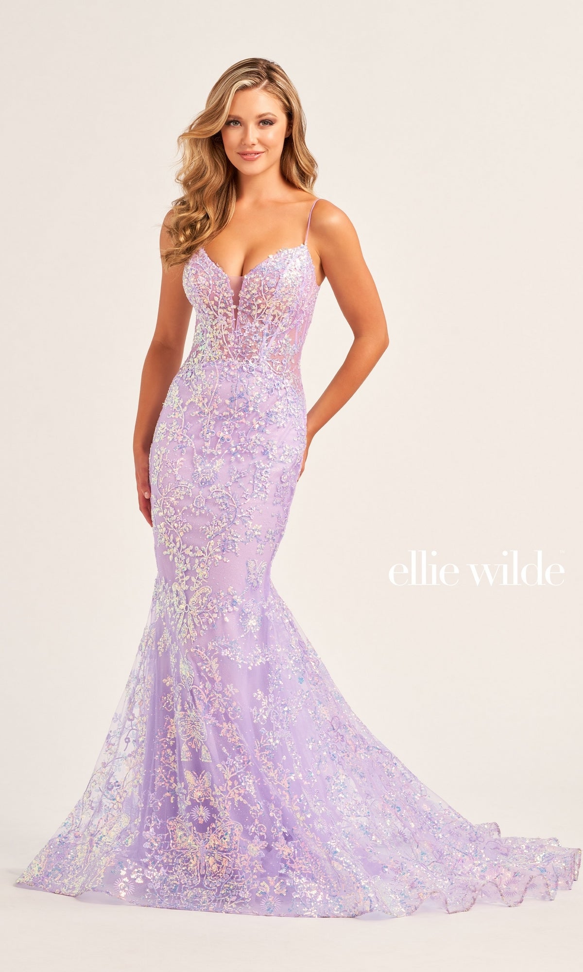 Long Designer Glitter Ellie Wilde Prom Dress - PromGirl