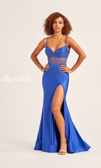 Sheer-Waist Ellie Wilde Long Prom Dress EW35026