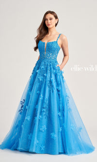 Glitter-Tulle Ellie Wilde Long Prom Gown EW35081