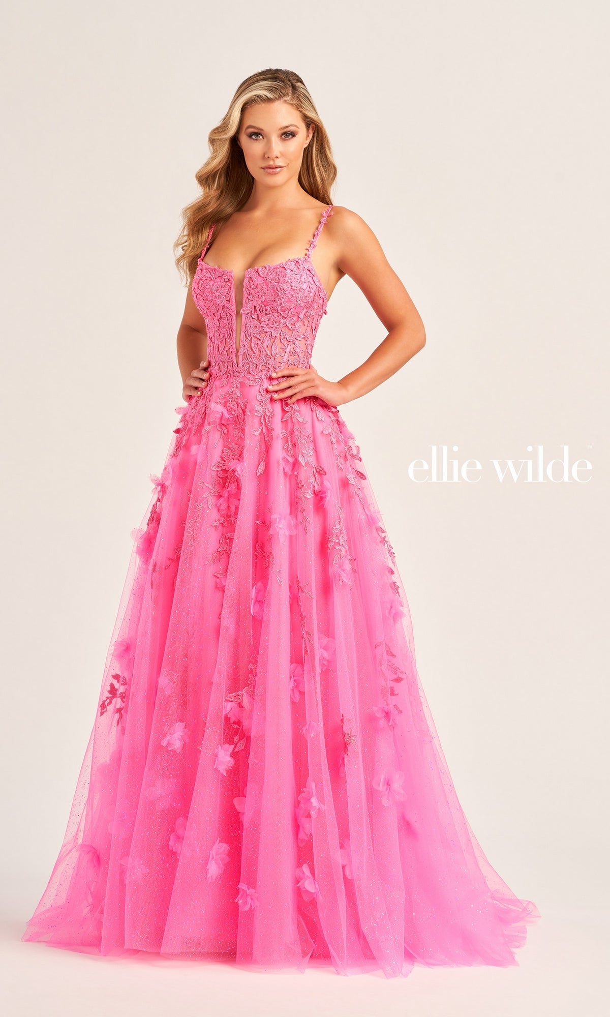 Glitter-Tulle Ellie Wilde Long Prom Gown EW35081