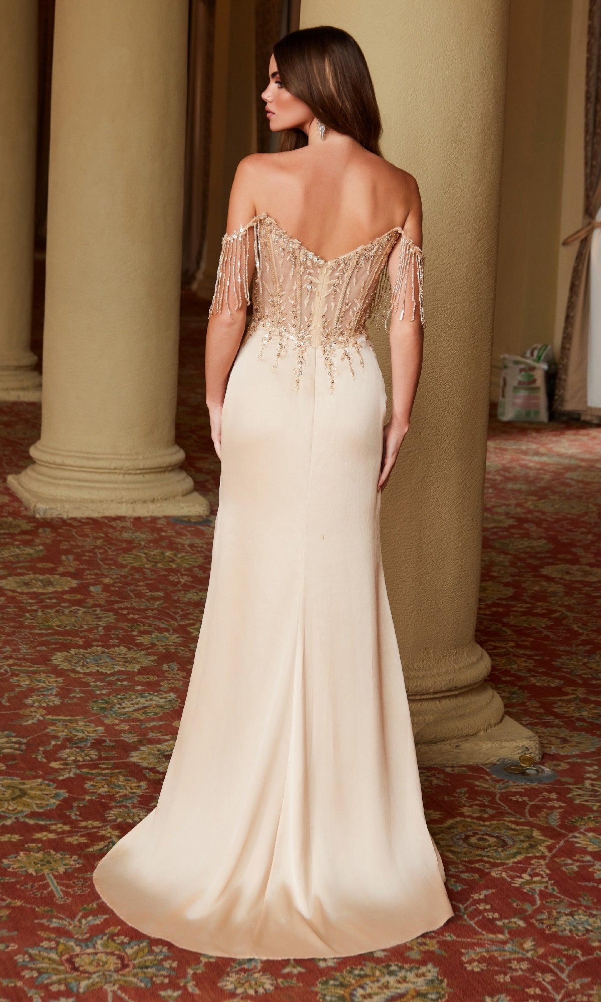 Beaded-Bodice Long Prom Dress: Nox Anabel F1571