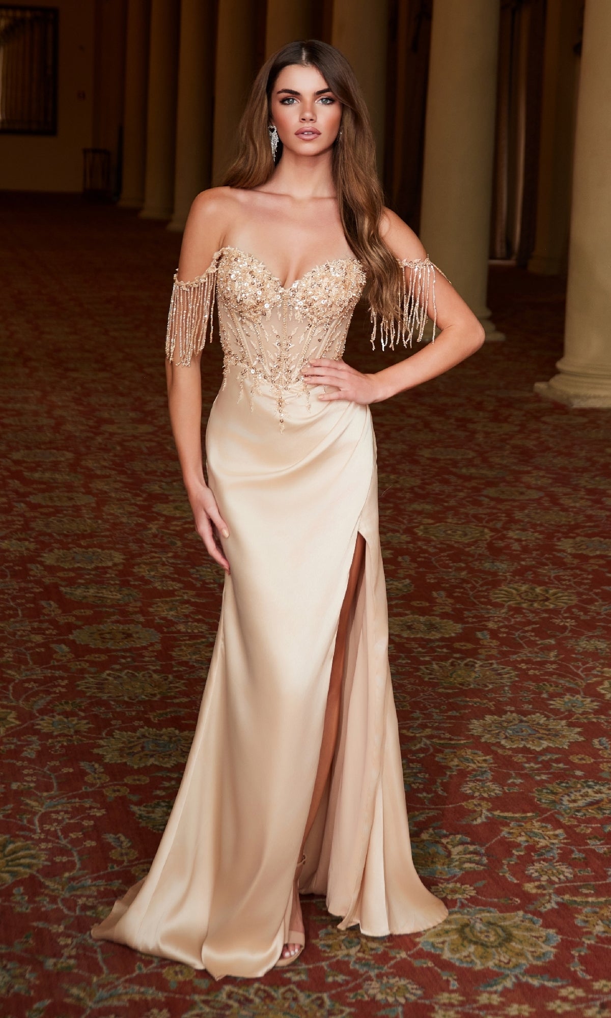 Beaded-Bodice Long Prom Dress: Nox Anabel F1571