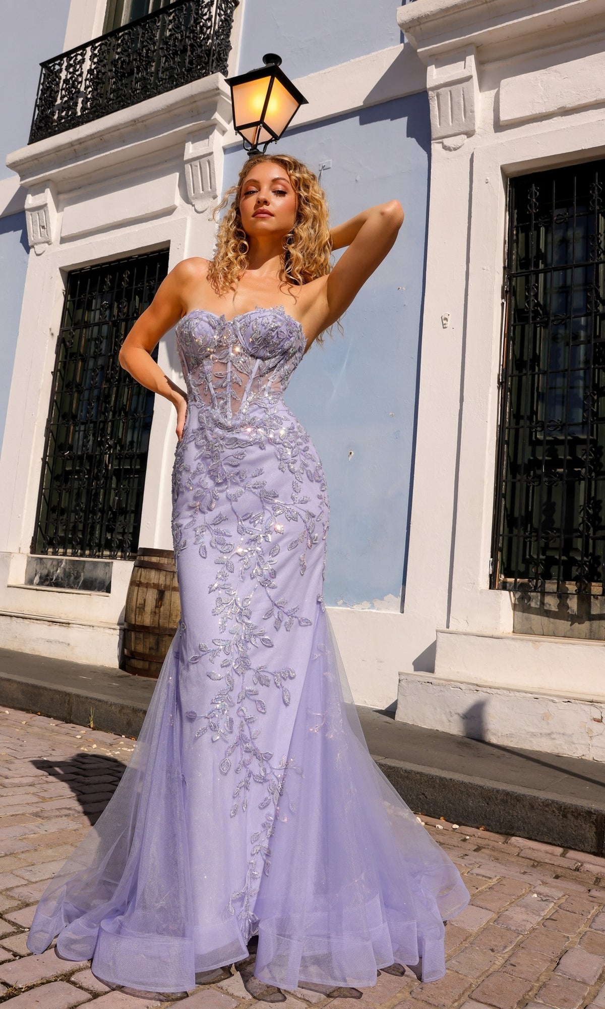 Sheer-Bodice Strapless Mermaid Prom Dress G1258