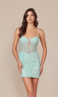 Sheer-Waist Short Beaded Homecoming Dress G817