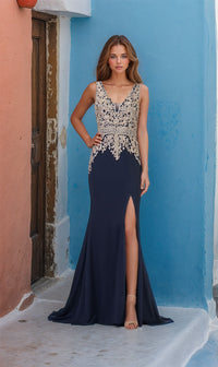 Embroidered-Bodice Long Prom Dress: Chicas C7530