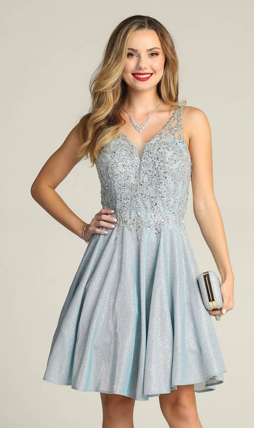 Beaded-Bodice Short Glitter Homecoming Dress J009