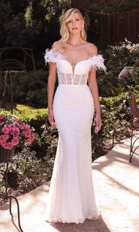 Long White Formal Gown with Feathers J824W