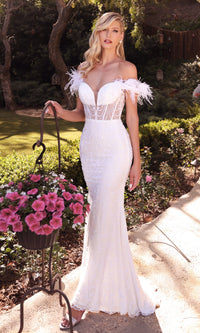 Long White Formal Gown with Feathers J824W