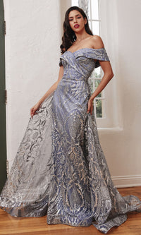 Long Prom Dress with Glitter-Print Overskirt J836