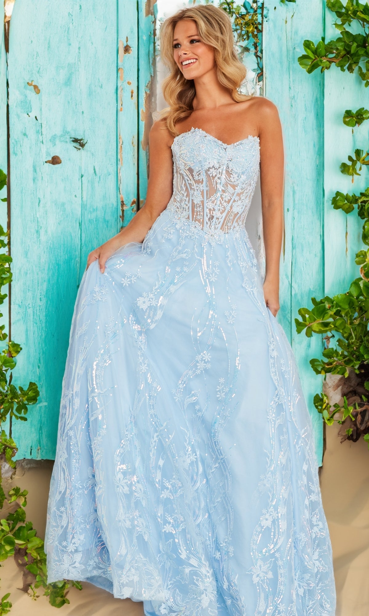 Baby Blue Sheer Floral Embroidery Corset