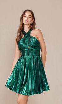 Short Metallic Cut-Out Halter Hoco Dress K822