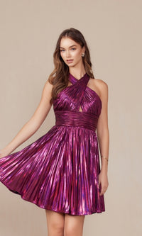 Short Metallic Cut-Out Halter Hoco Dress K822