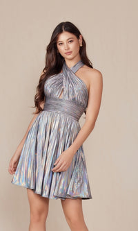 Short Metallic Cut-Out Halter Hoco Dress K822