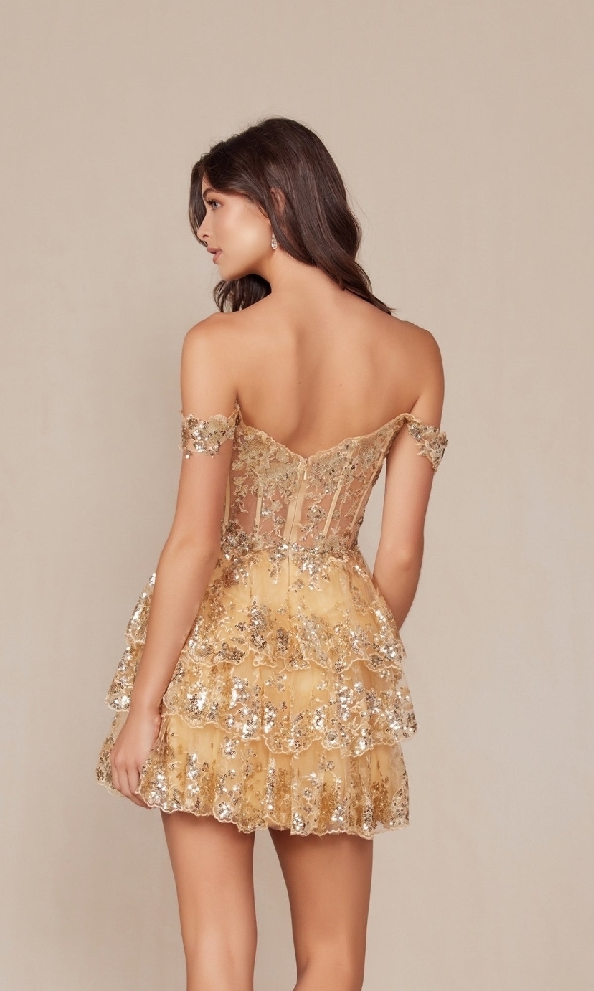 Off-Shoulder Short Ruffled Sequin Hoco Dress K856