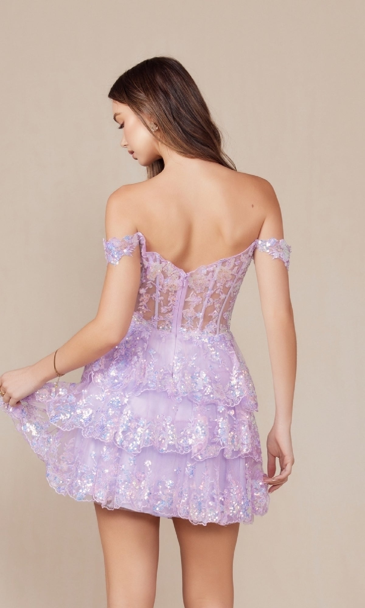 Off-Shoulder Short Ruffled Sequin Hoco Dress K856