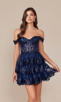 Off-Shoulder Short Ruffled Sequin Hoco Dress K856