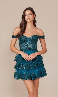 Off-Shoulder Short Ruffled Sequin Hoco Dress K856