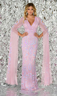 Long Beaded Prom Dress with Sheer Cape Sleeves