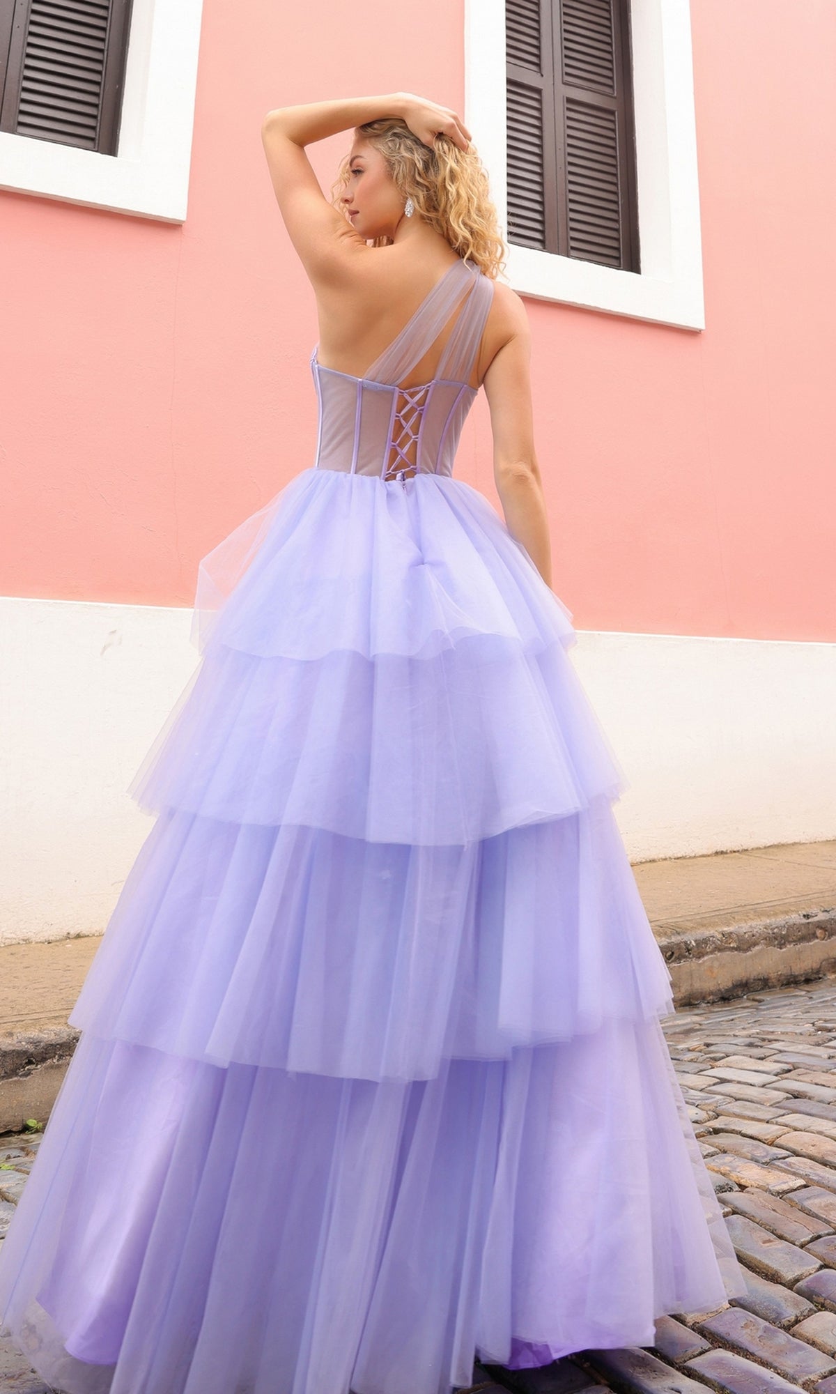 Sheer-Bodice Long Layered Prom Ball Gown P1400