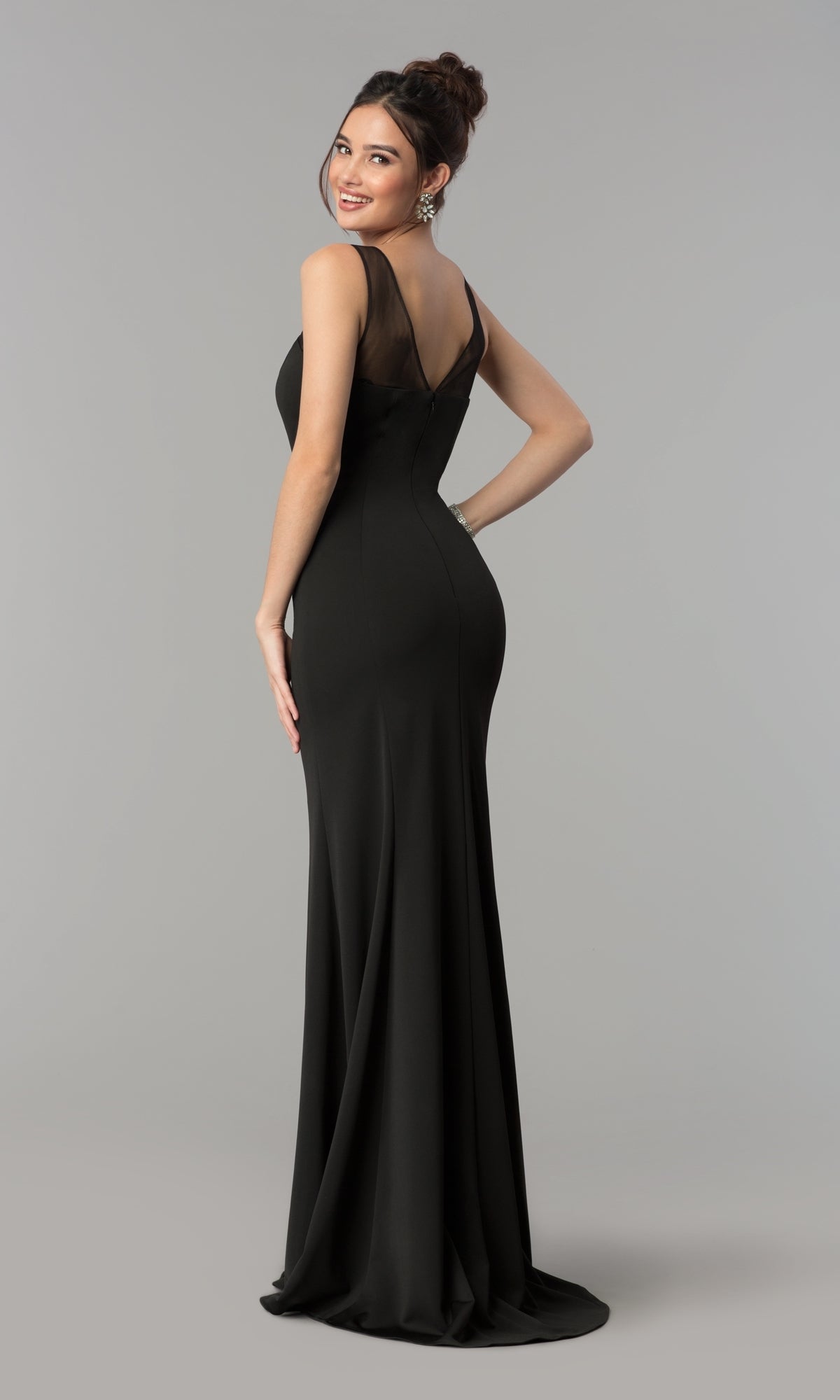 Illusion-Neckline Long Jersey Formal Prom Dress 8148