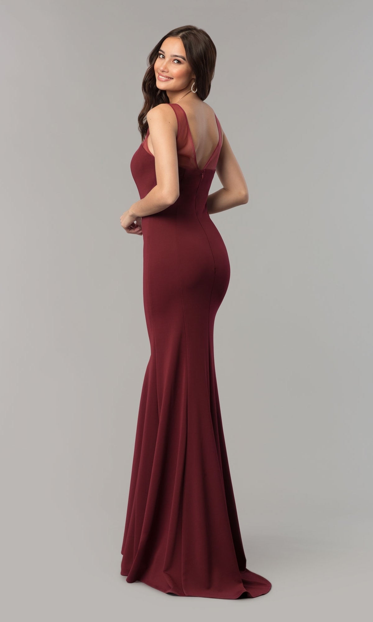 Illusion-Neckline Long Jersey Formal Prom Dress 8148