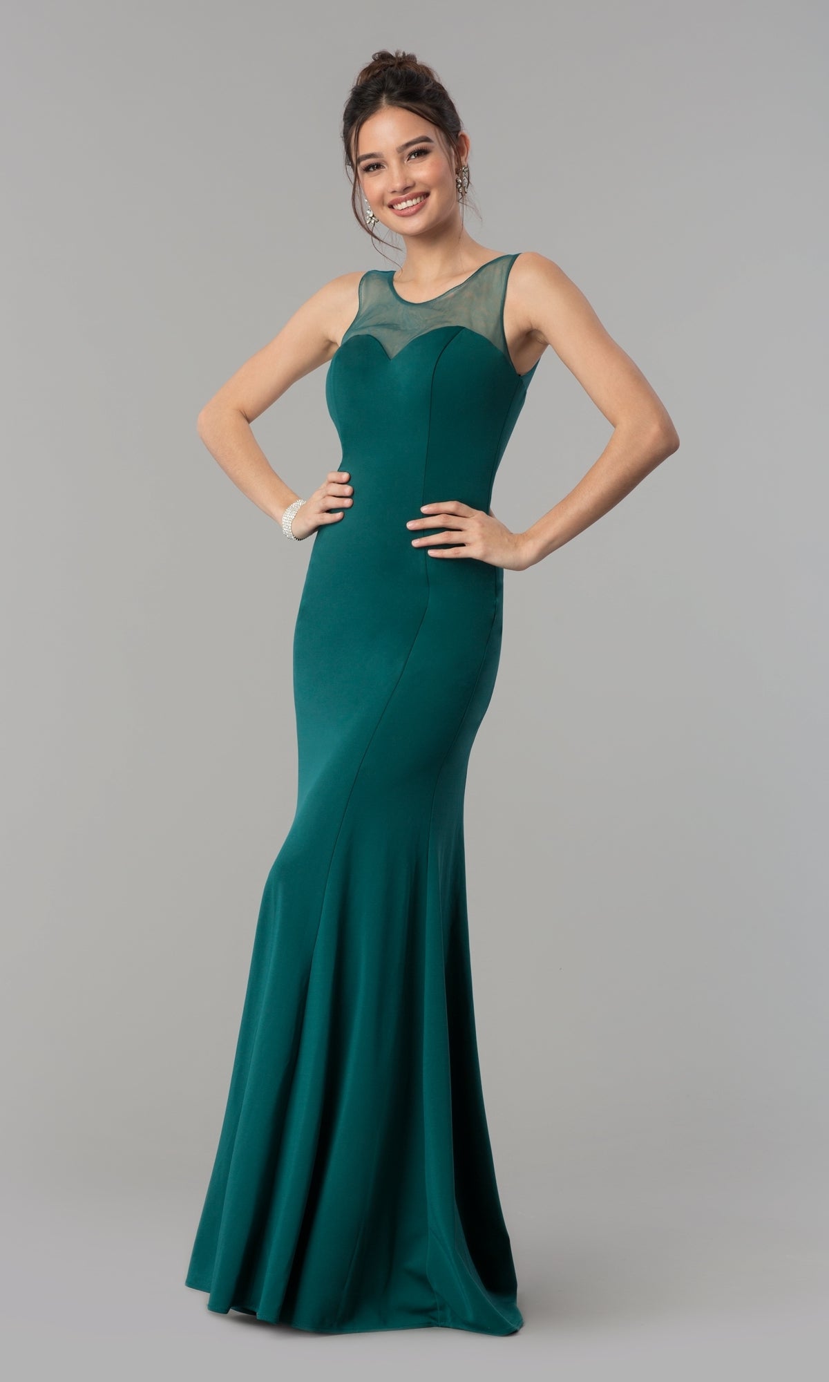 Illusion-Neckline Long Jersey Formal Prom Dress 8148