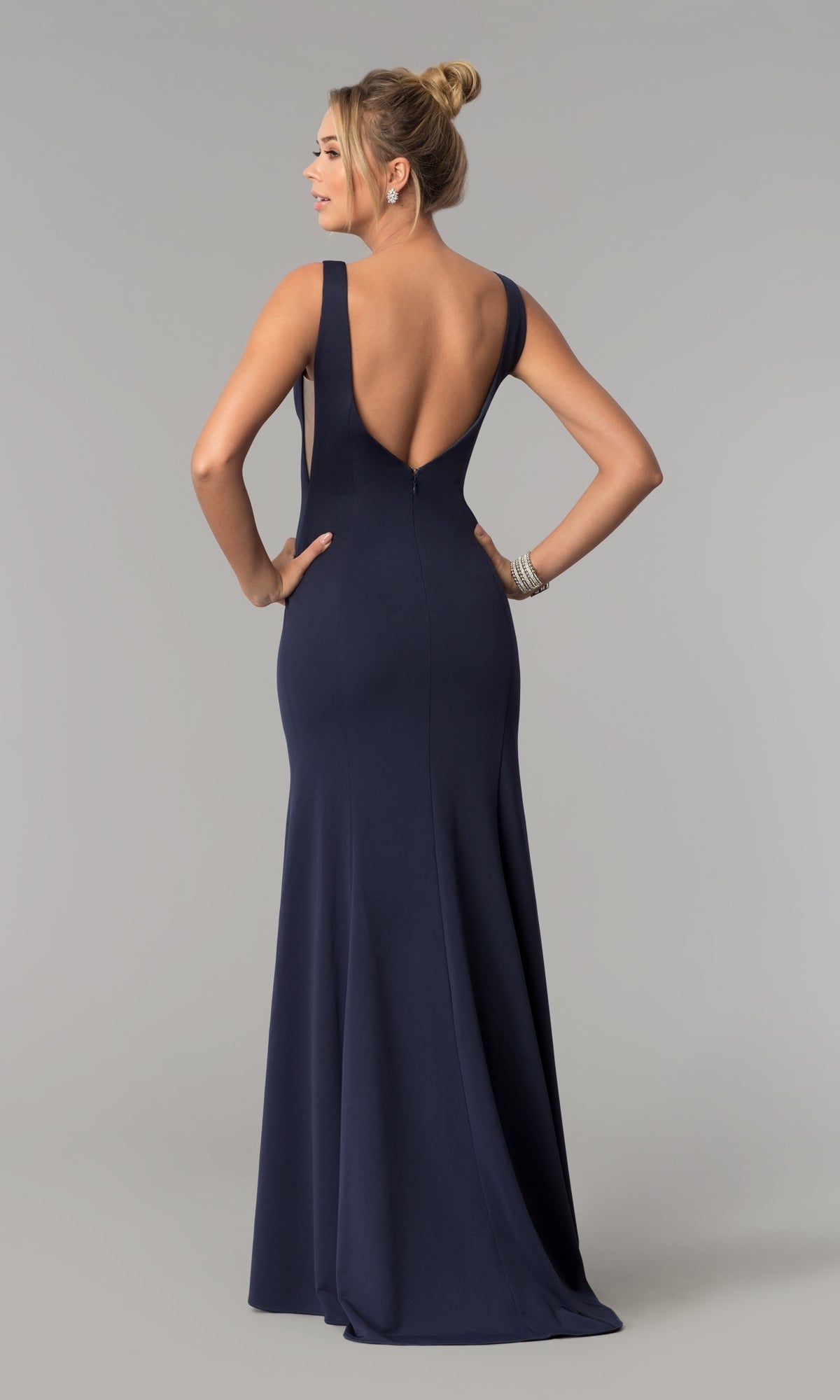 Sheer-Sided Backless Long Formal Prom Dress 8168