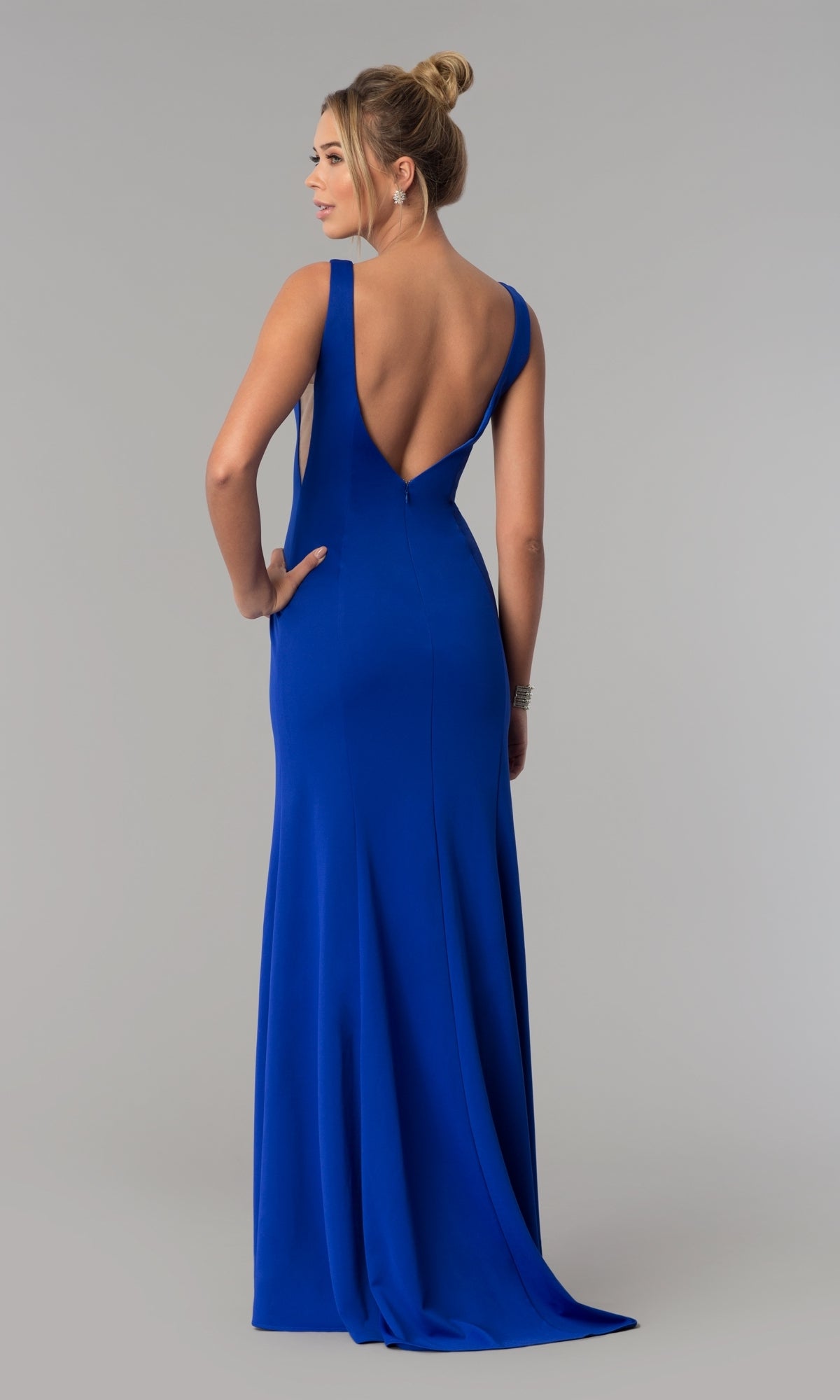 Sheer-Sided Backless Long Formal Prom Dress 8168