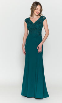 Cap-Sleeve Embroidered Jersey Long Prom Dress 8558