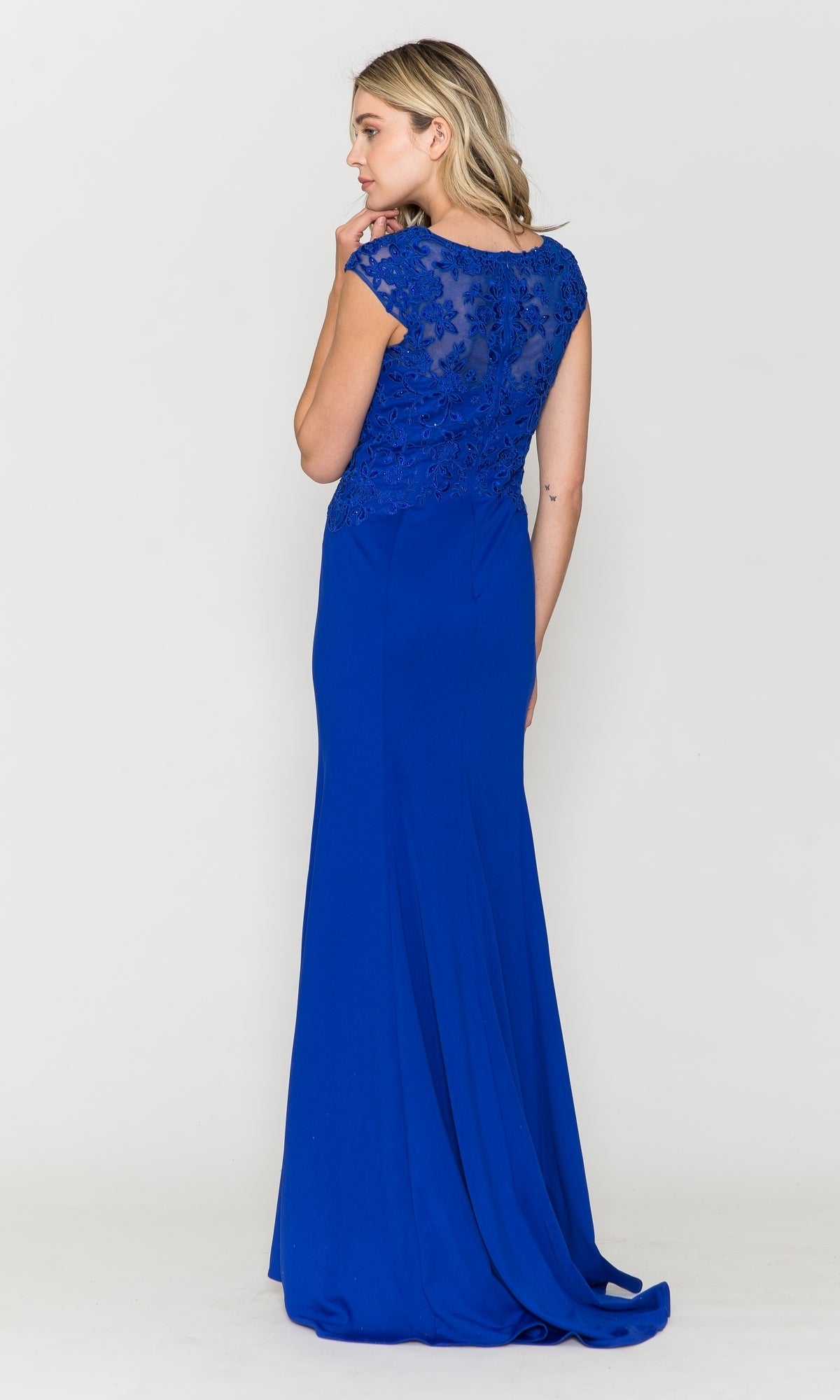 Cap-Sleeve Embroidered Jersey Long Prom Dress 8558