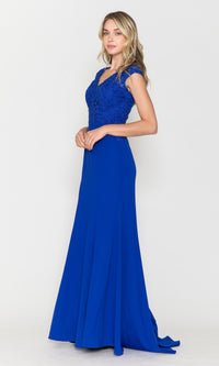 Cap-Sleeve Embroidered Jersey Long Prom Dress 8558