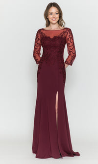 Embroidered Sheer-Sleeved Long Prom Dress 8564