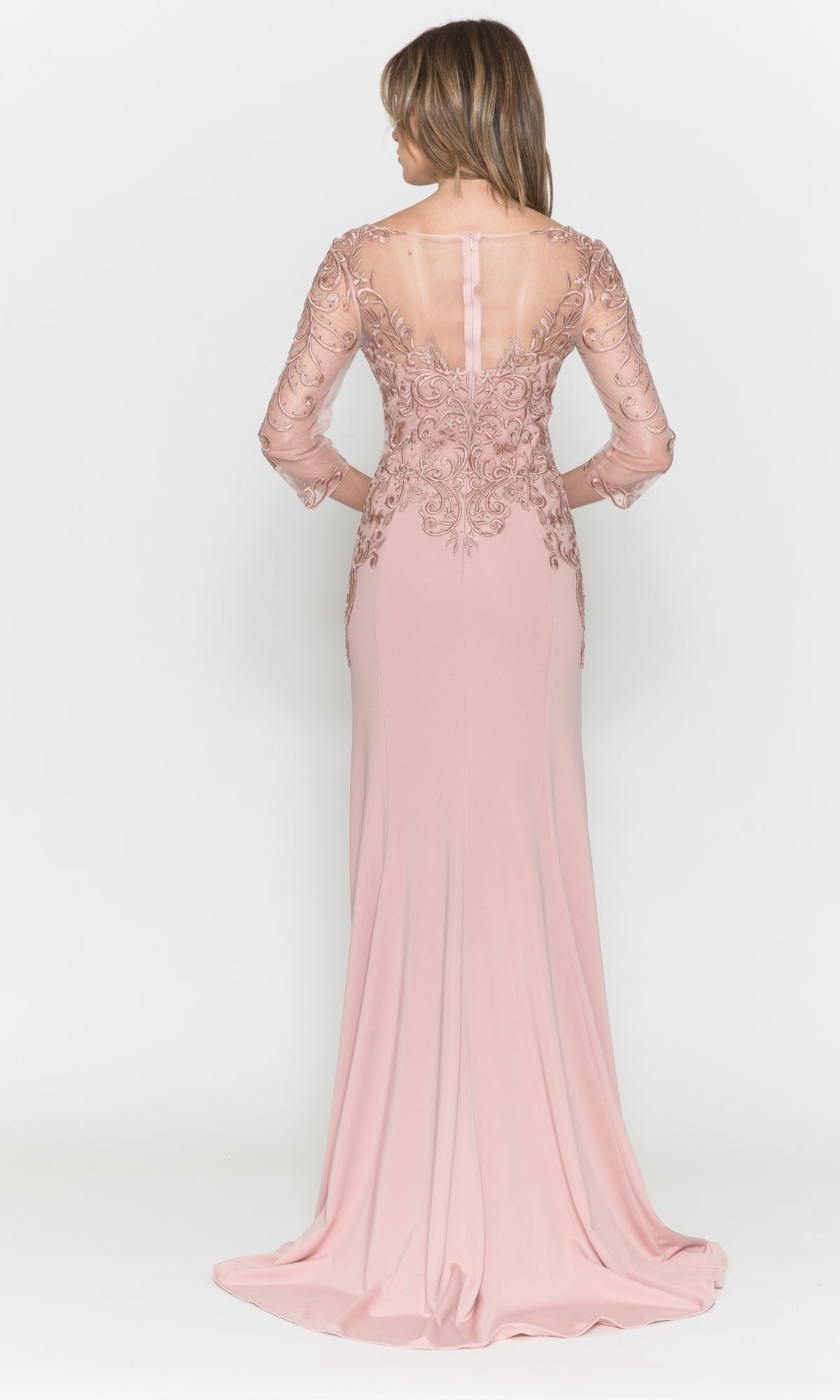 Embroidered Sheer-Sleeved Long Prom Dress 8564