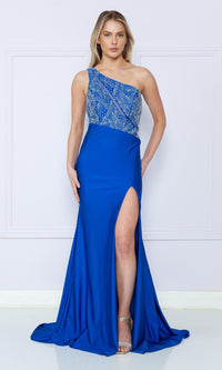 One-Shoulder Long Jersey Prom Dress: Poly USA 9116