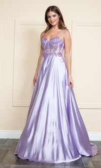 Sheer-Corset Long Satin Prom Dress: Poly USA 9126