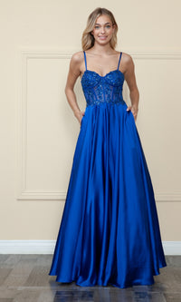 Sheer-Corset Long Satin Prom Dress: Poly USA 9126