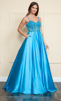 Sheer-Corset Long Satin Prom Dress: Poly USA 9126