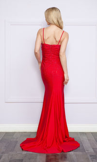 Drape-Bodice Long Beaded Prom Dress: Poly USA 9130