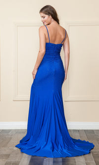 Drape-Bodice Long Beaded Prom Dress: Poly USA 9130