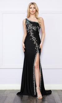 One-Shoulder Long Beaded Prom Dress: Poly USA 9136