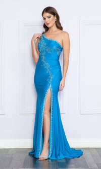 One-Shoulder Long Beaded Prom Dress: Poly USA 9136