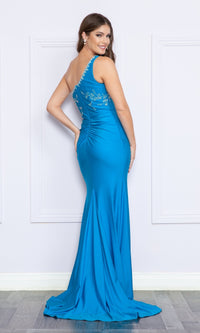 One-Shoulder Long Beaded Prom Dress: Poly USA 9136