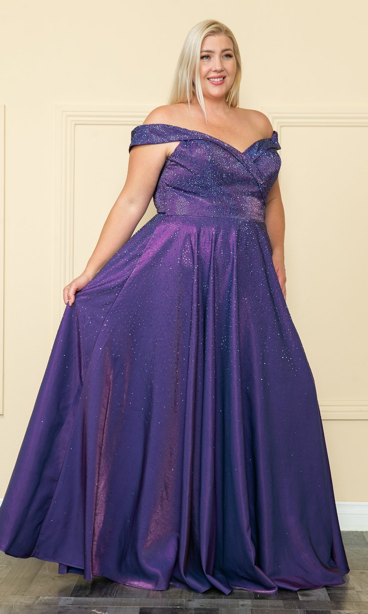 Plus-Size Long Beaded Prom Dress with Pockets W1112