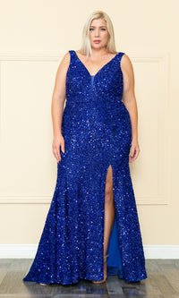 Velvet-Sequin Plus-Size Long Prom Dress - PromGirl