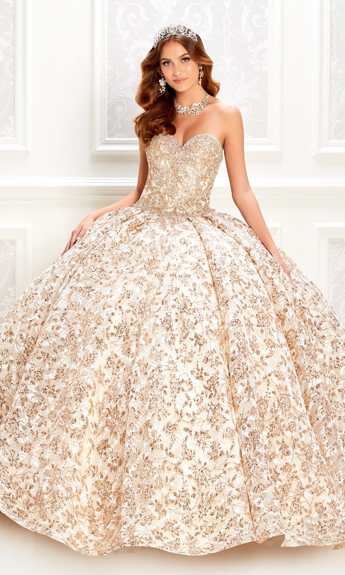 Champagne and gold quinceanera dress best sale