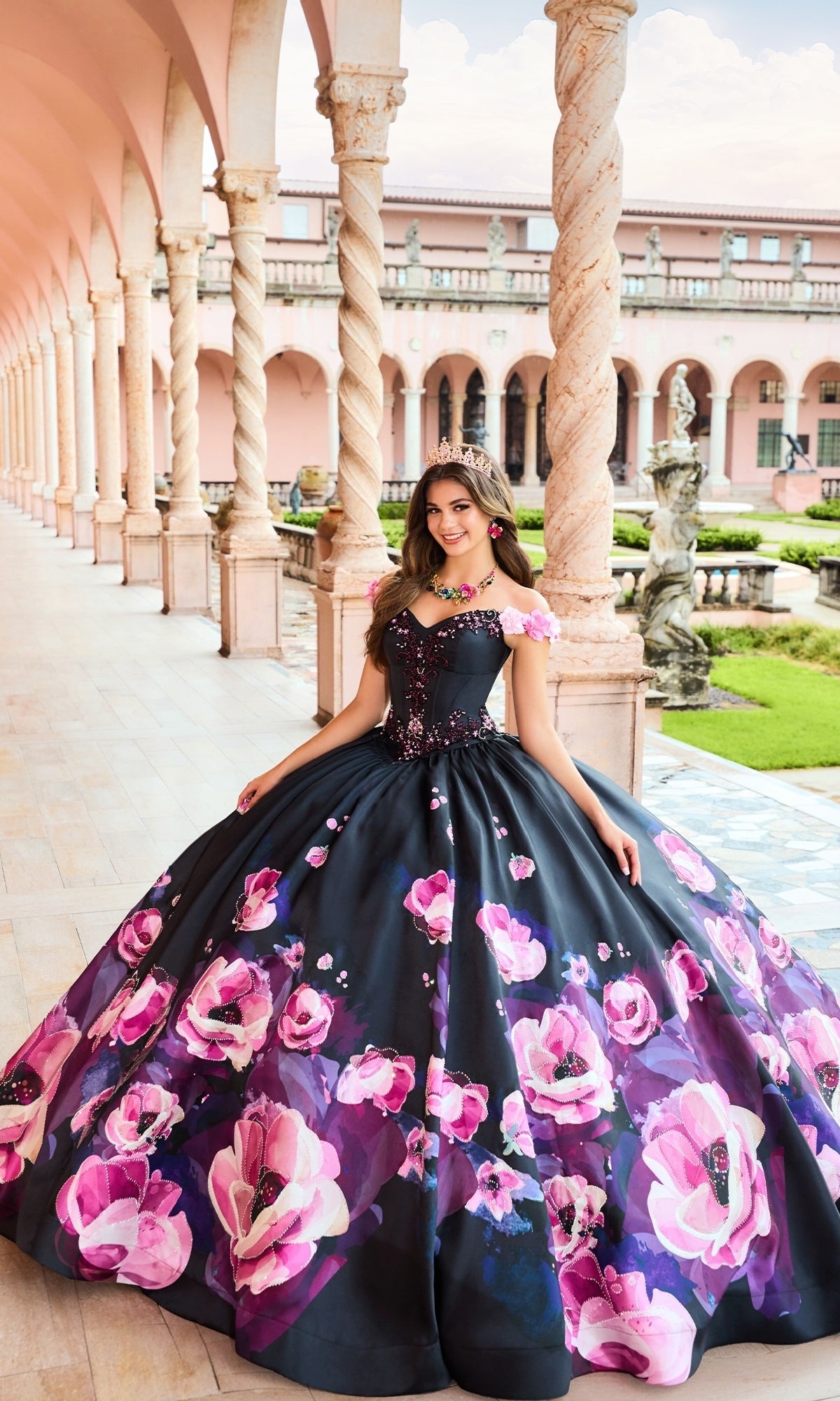 Pink Floral Black Quinceanera Dress: Princesa PR30151