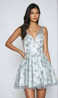 Floral-Glitter V-Neck Short Homecoming Dress 9202