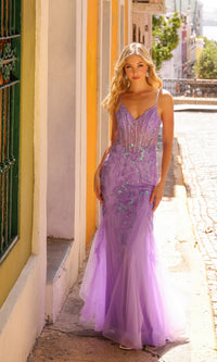 Lavender Purple Long Sequin-Print Prom Dress Q1358