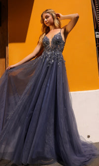 Deep V-Back Long Tulle A-Line Prom Dress Q1391